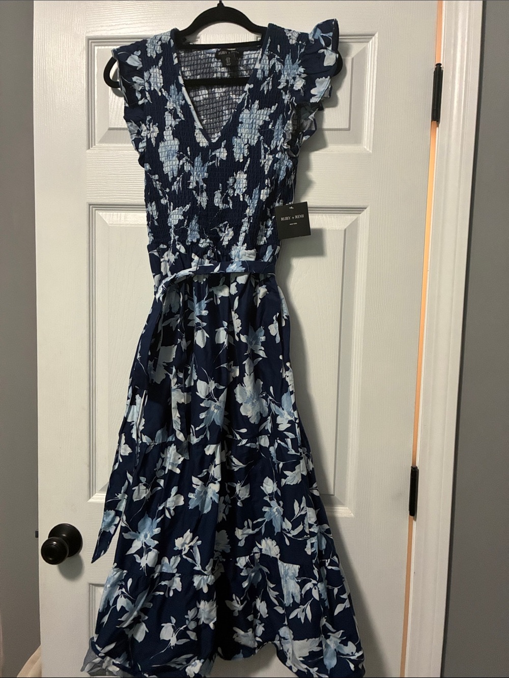 NWT Smocked Navy Floral Maxi Dress with Tie Waist